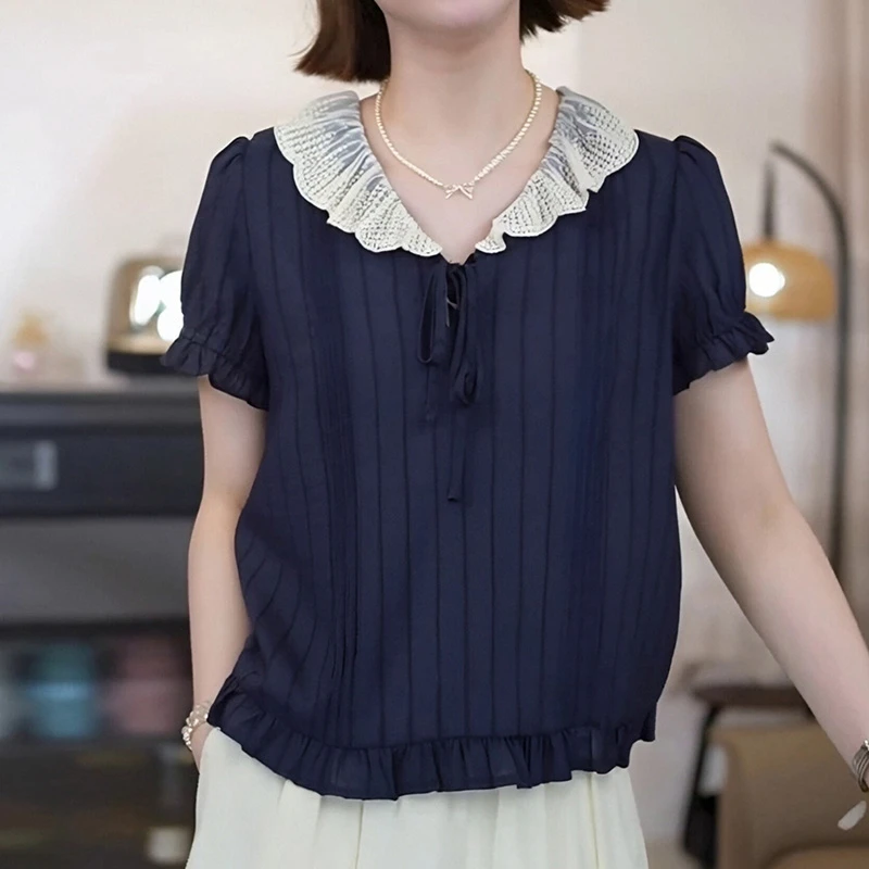 2025夏季新款百搭气质舒适轻盈减龄通勤日常立体条纹短袖V领小衫