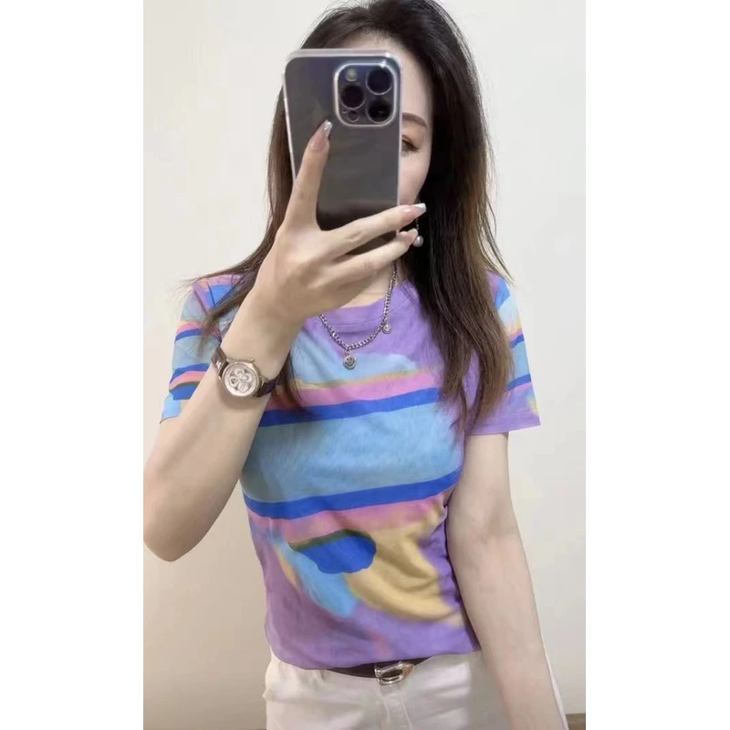 【柔柔推荐】夏季时尚洋气圆领网纱t恤女定位花上衣短袖T恤套头