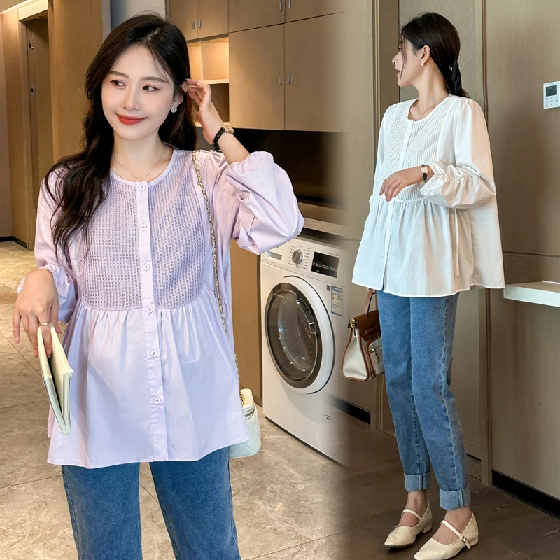 小个子孕妇装减龄百搭白衬衫春秋款短款上衣短袖衬衣遮肚子不显怀