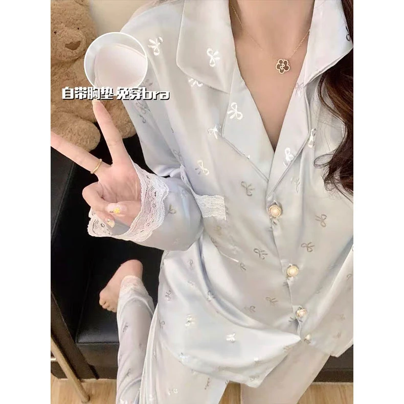 高级感睡衣女春秋季冰雪丝薄款长袖长裤蕾丝边蝴蝶结带胸垫家居服