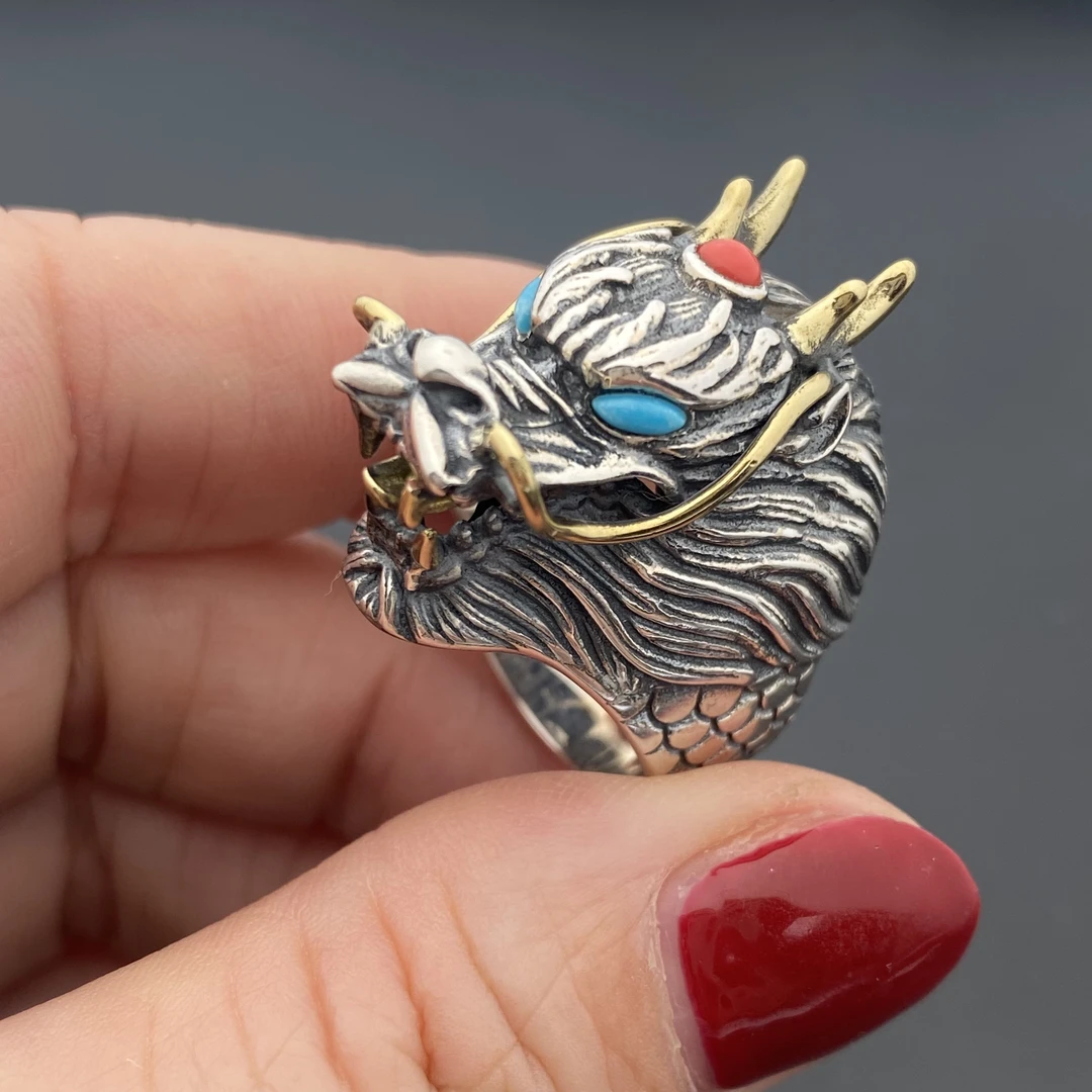 925银仿水晶戒指 个性龙头指环霸气食指戒复古开口情侣款银色潮流