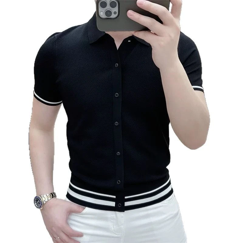 2025夏季新款潮牌修身帅气弹力翻领冰丝伊力特短袖恤男潮针