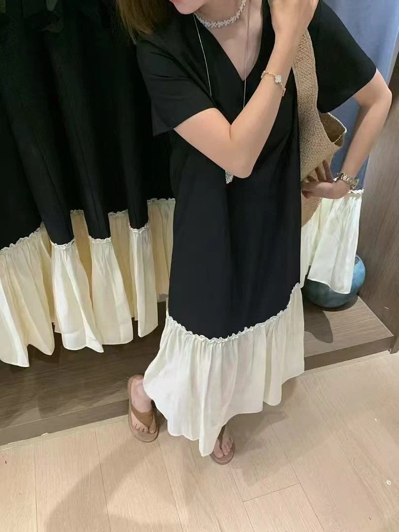 新款夏季拼接时尚百搭V领连衣裙C882630