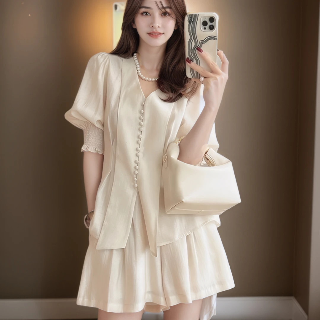 法式时尚夏阔腿裤新款气质高级感小众衬衫短裤超仙通勤两件套装女