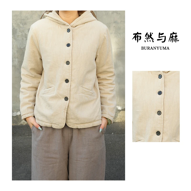 BRCP/布然初品冬季棉麻连帽厚款棉服加厚宽松长袖休闲百搭G3203-2