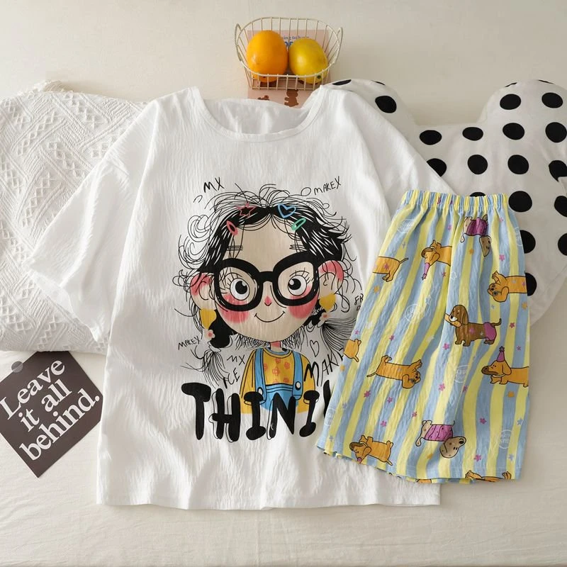 夏季睡衣女2025新款针织棉短袖带胸垫卡通KT猫休闲学生大码家居服