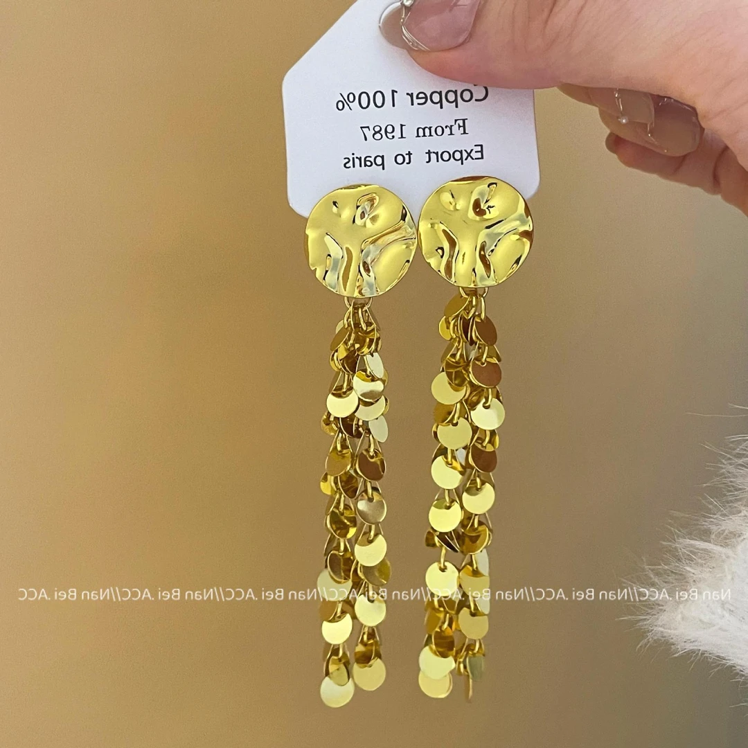 铜合金锆石耳饰 波光粼粼 金属亮片流苏耳环女气质长款千金风时髦