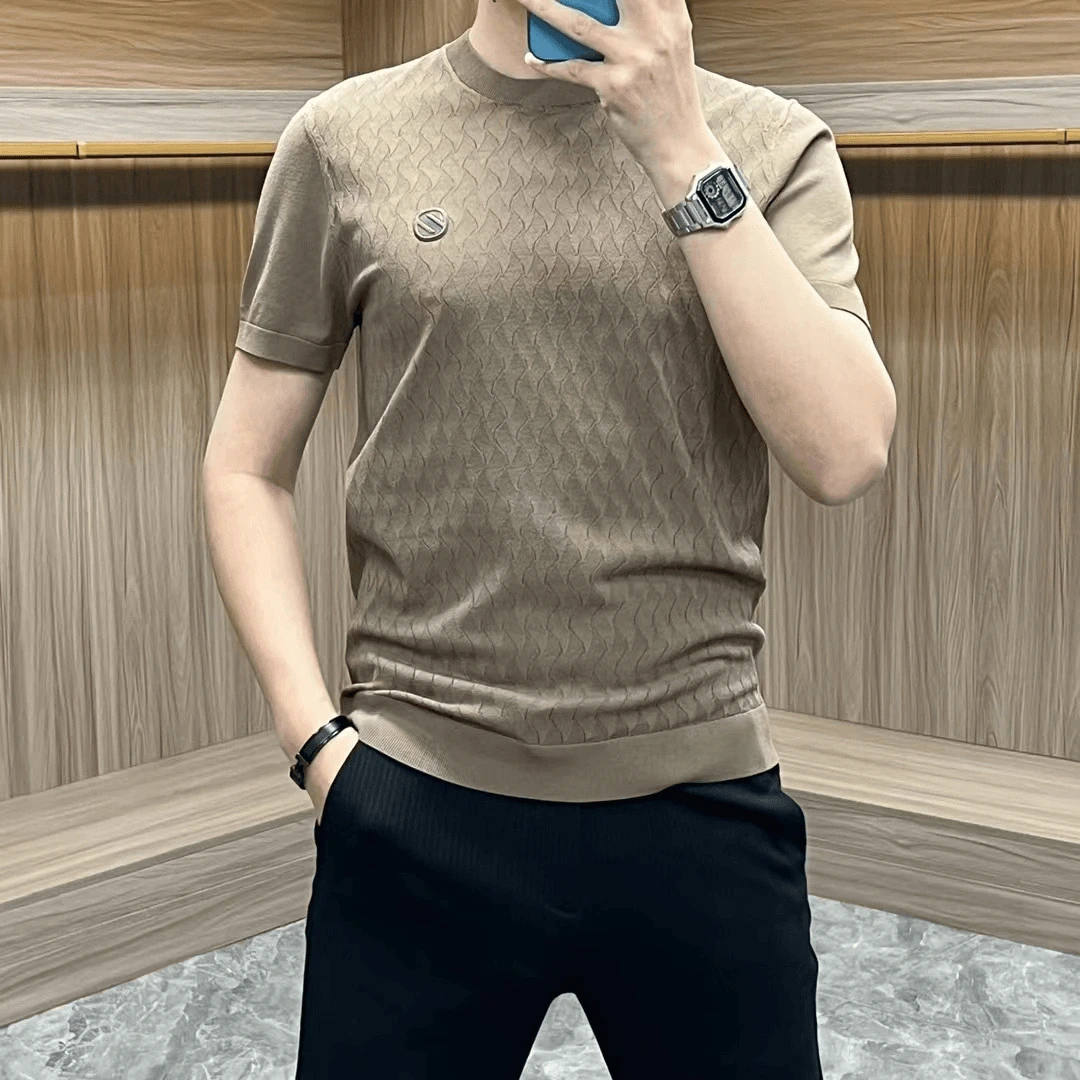 2025早春新款高端男装透气针织半袖上衣镂空短袖T恤潮男打底衫