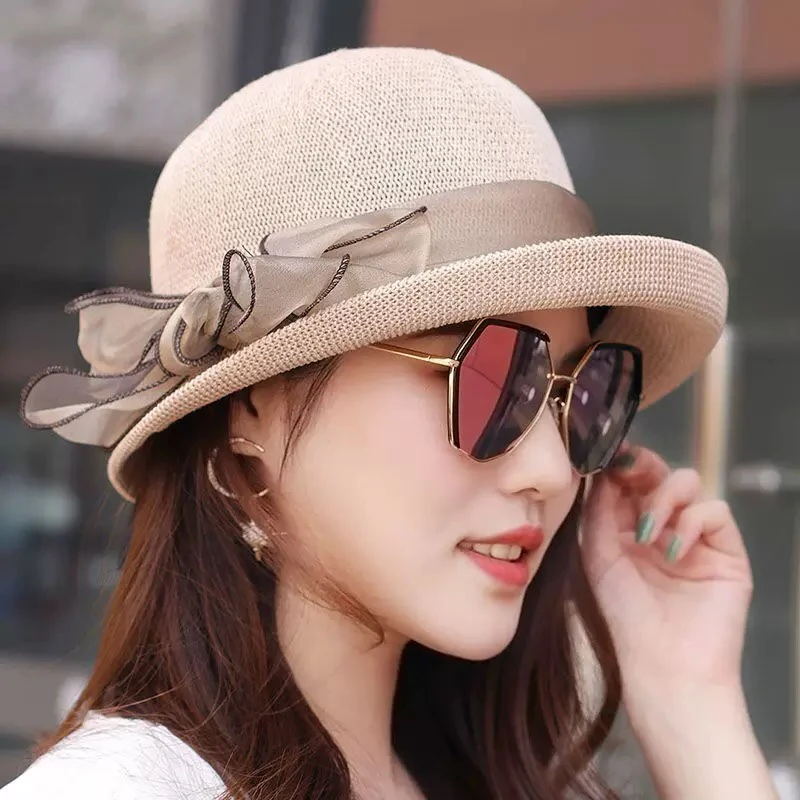新款网纱蝴蝶结夏季薄款透气遮阳帽小沿礼帽女英伦风防晒太阳帽