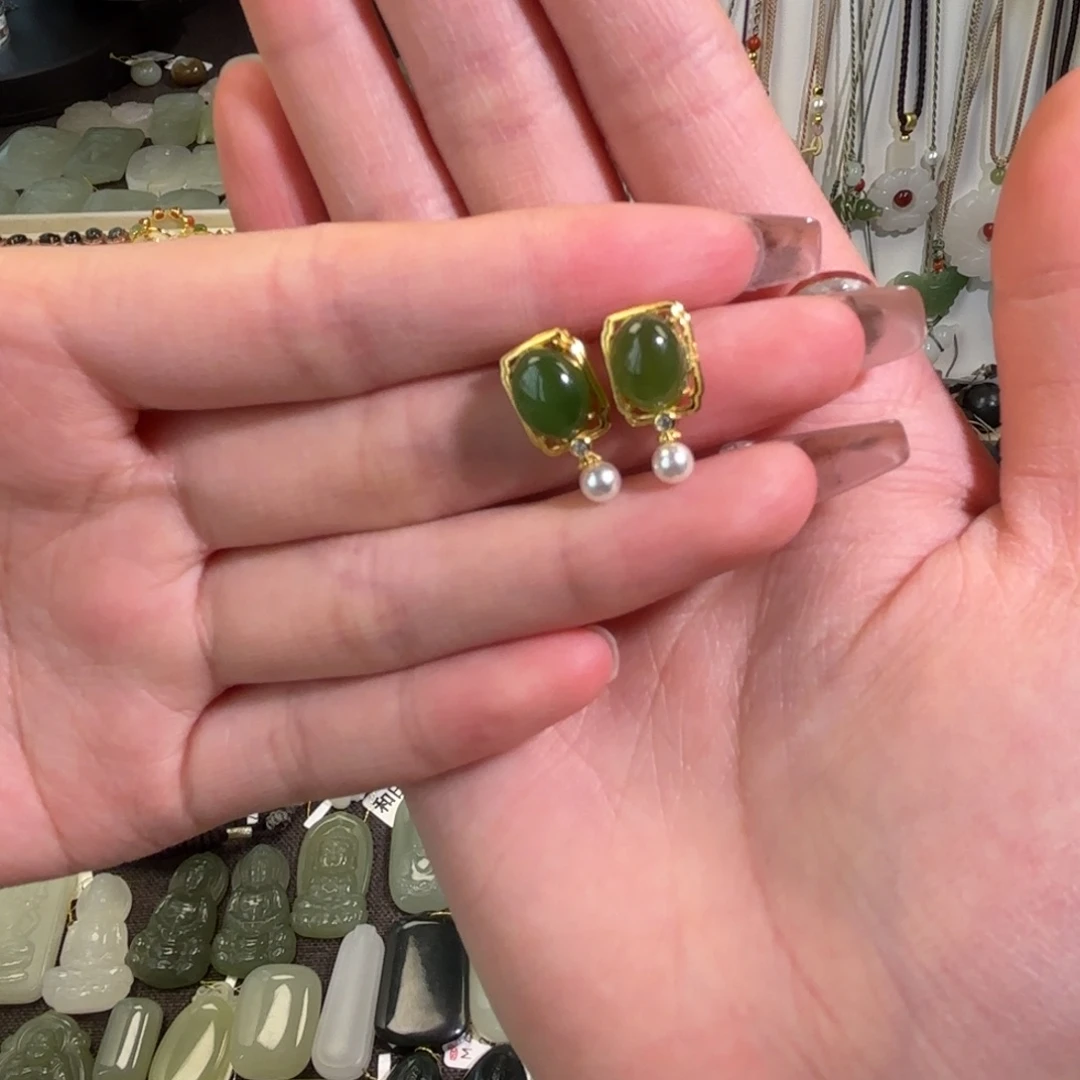 和田玉耳饰银S925镶嵌