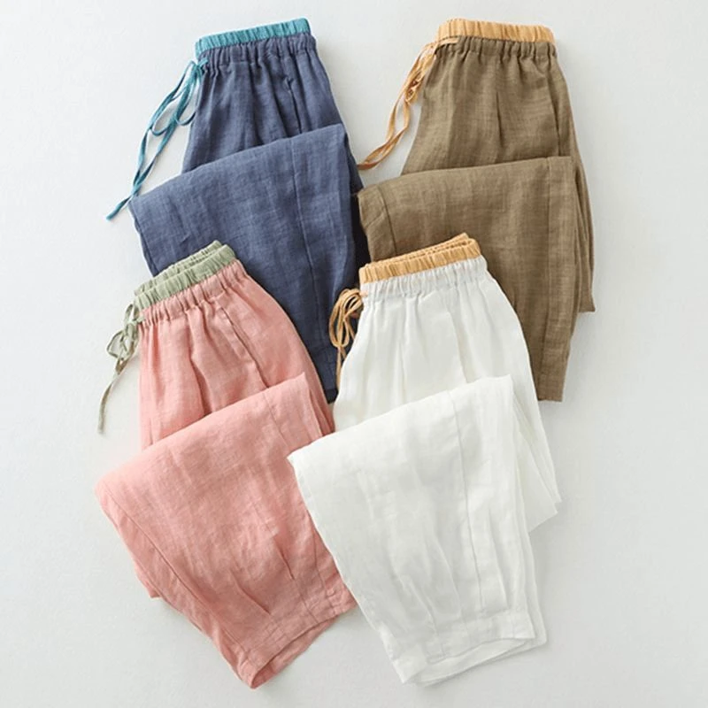 外贸出口细气质女裤折扣休闲裤夏松紧腰拼接系带宽松九分裤哈伦裤