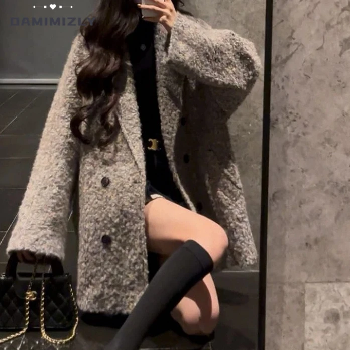 2025秋冬韩版时尚宽松外穿花纱毛呢大衣外套