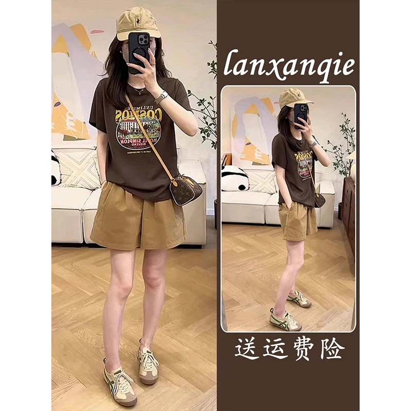 夏装搭配一整套小个子欧货时尚洋气高级感印花t恤短袖短裤套装女