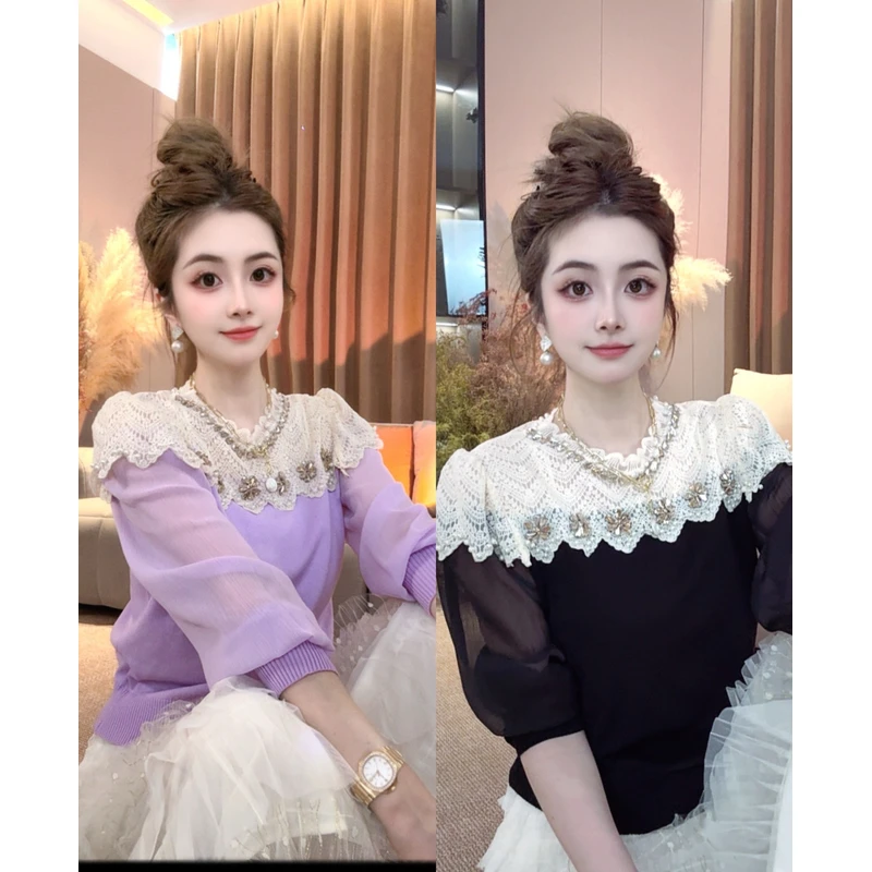 SS.studio/双双：“蕾丝之韵”钉珠蕾丝拼接设计修身显瘦袖针织毛衣