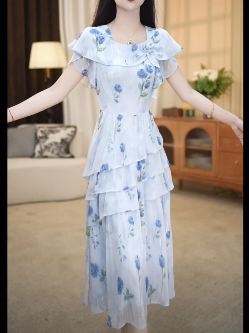 【连衣裙】2025夏季新款圆领洋气修身显瘦花色收腰通勤中长款连衣裙