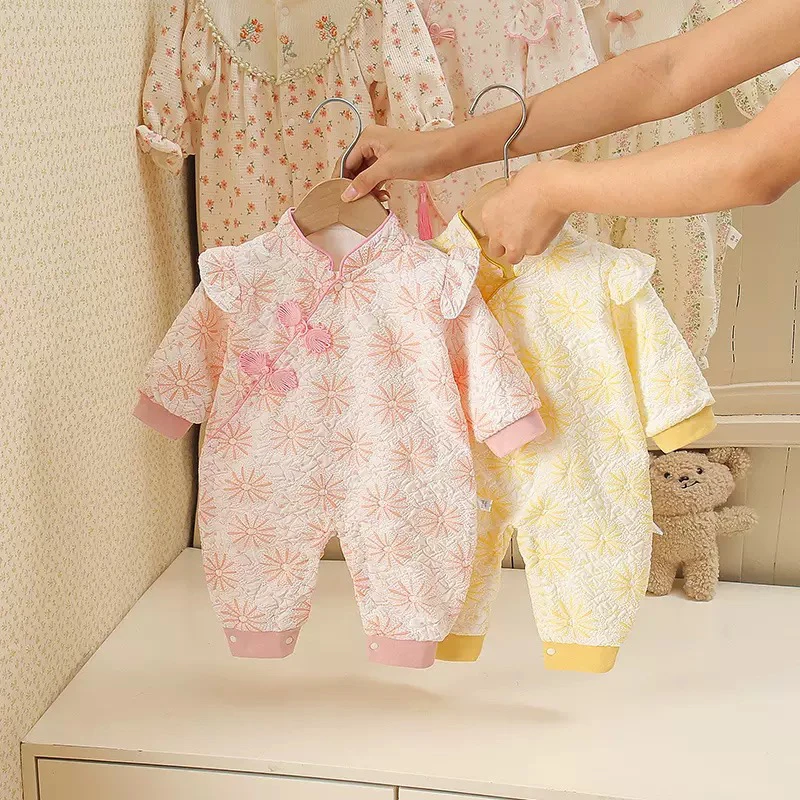 秋款 双层花之语哈衣连体衣闭裆儿童女童婴儿宝宝长袖中国风