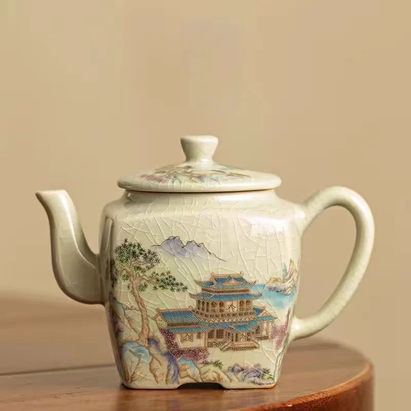 米黄陶瓷云山寺四方壶家用大容量泡茶壶-5006