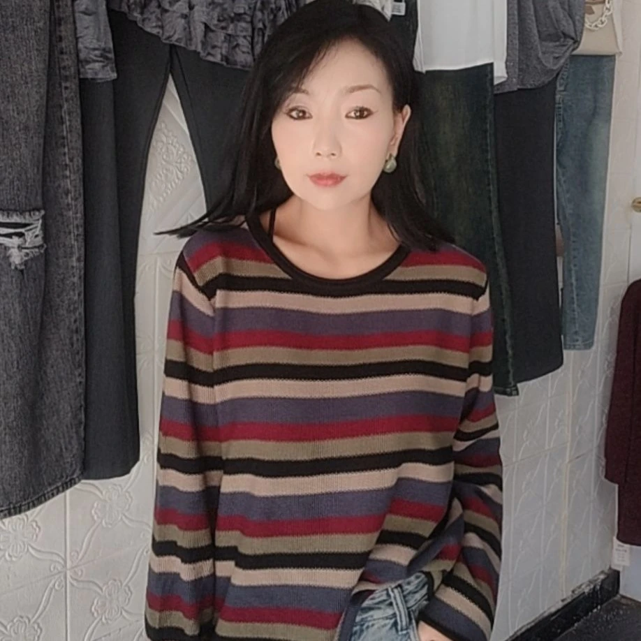 长袖休闲风春季针织条纹毛针织衫秋冬打底衫圆领秋季