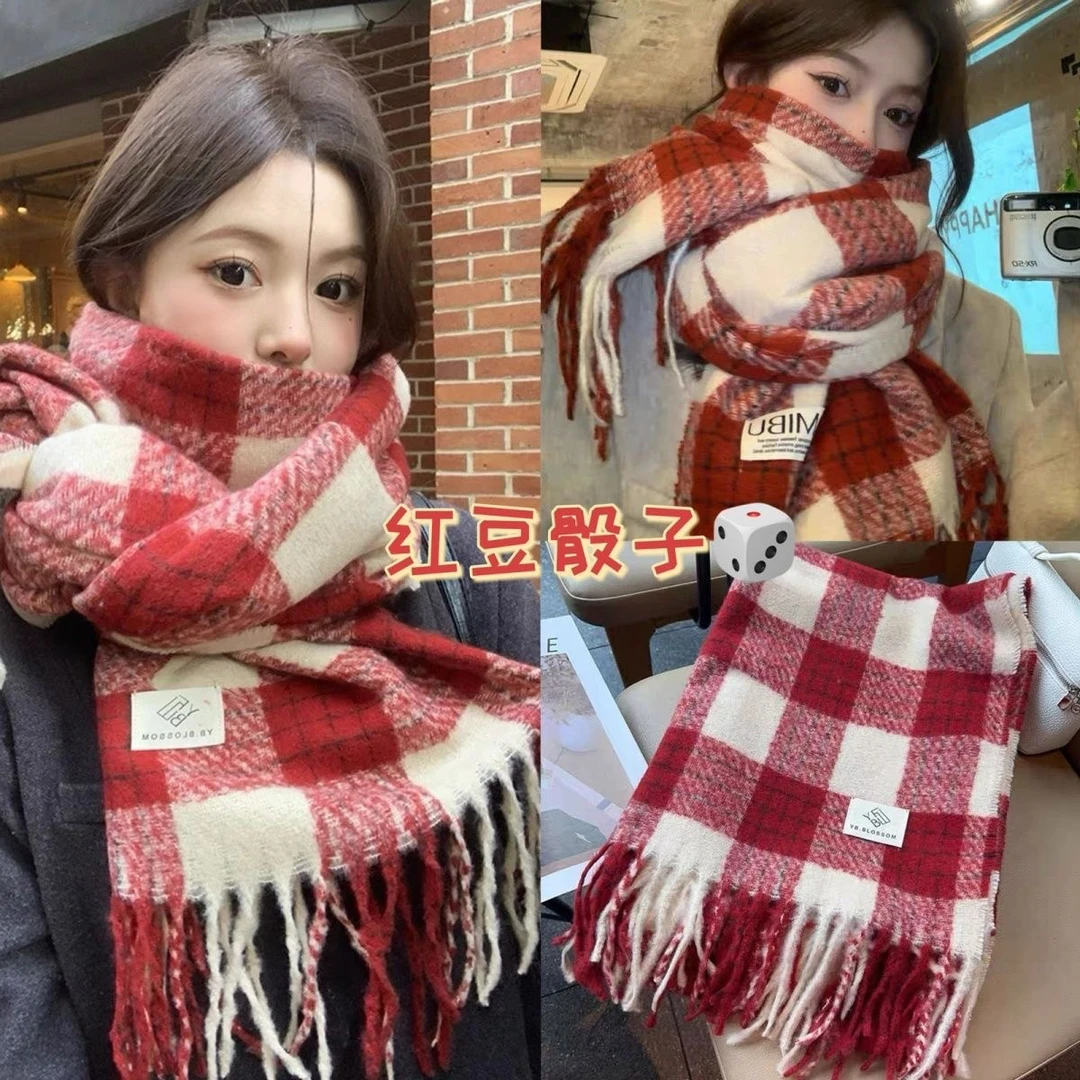 红色格子围巾秋冬季女韩系氛围感围脖毛绒披肩外搭2024新款高级感