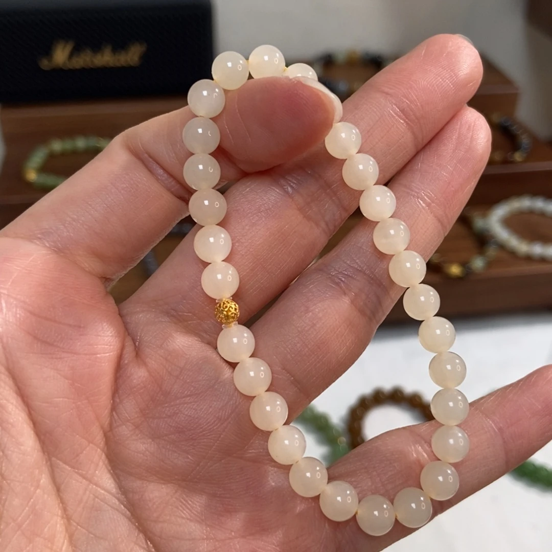 和田玉18K金镶嵌手链6mm橘粉