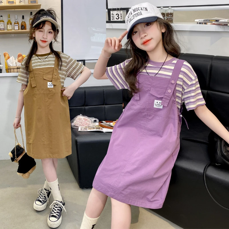 女童连衣裙条纹短袖背带裙网红洋气夏季女孩中大韩版洋气假两件套