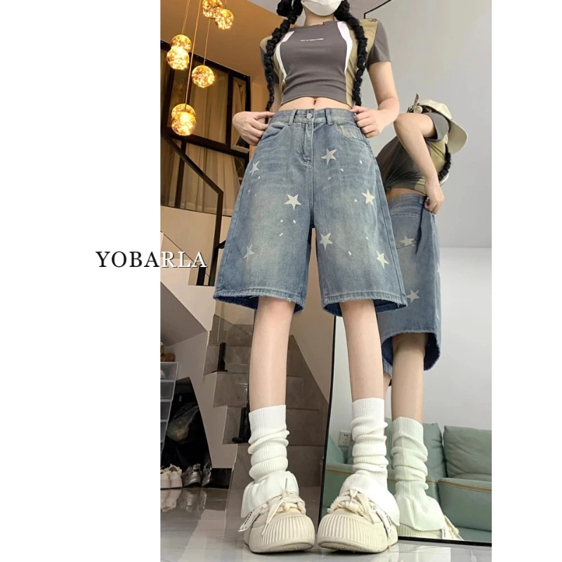 复古星星印花牛仔短裤女秋冬新款大码宽松显瘦高腰直筒五分中裤