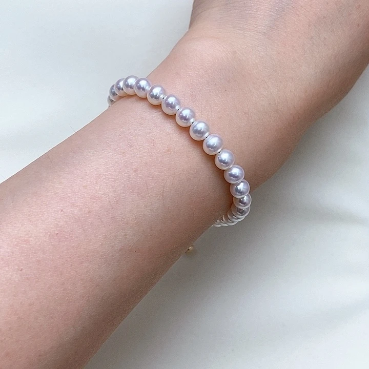 淡水珍珠手链银S925镀金镶嵌5-5.5有核短横极光极微瑕