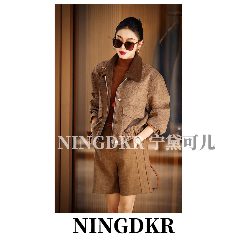 黛B41309宁黛可儿复古气质撞色拼接翻领短款夹克女宽松显瘦外套