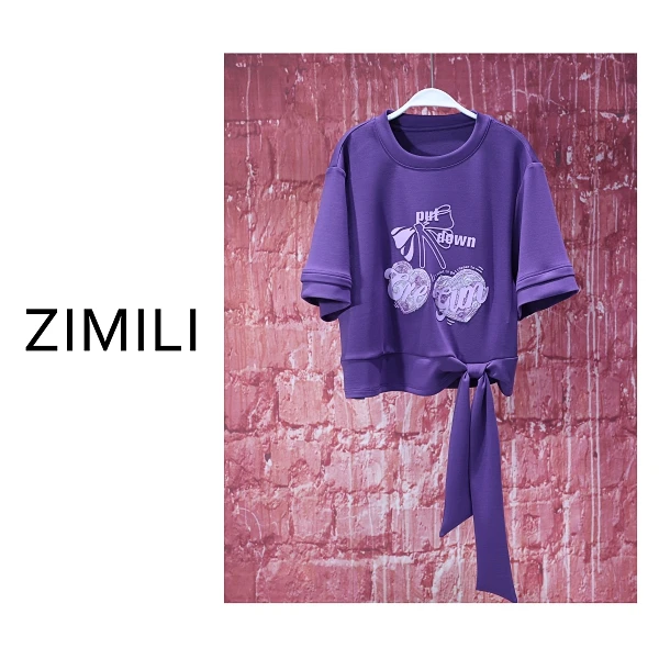 【亮哥女装】2025欧版雪青紫立体烫画飘带高克重休闲短袖8867-C5