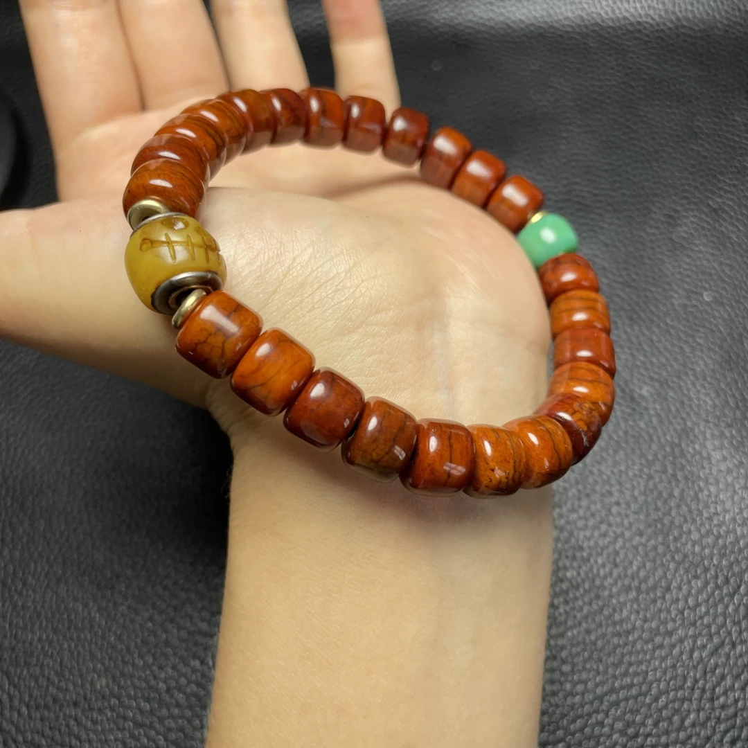 藏式复古牦牛骨沉血料1.0配阿呆顶珠天珠装饰单圈文玩