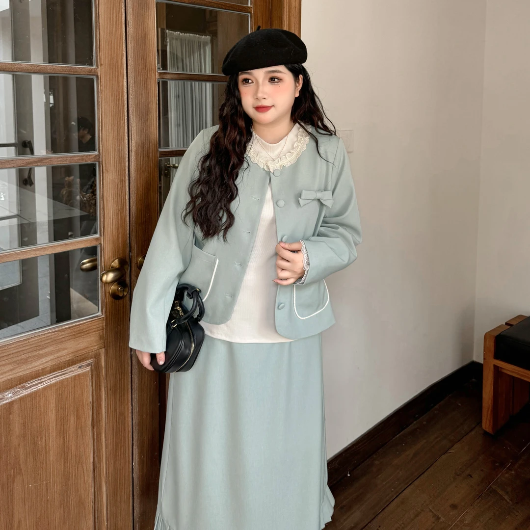 DC8408大码女装【千金小香风套装】高级感花边休闲外套半身裙两件套