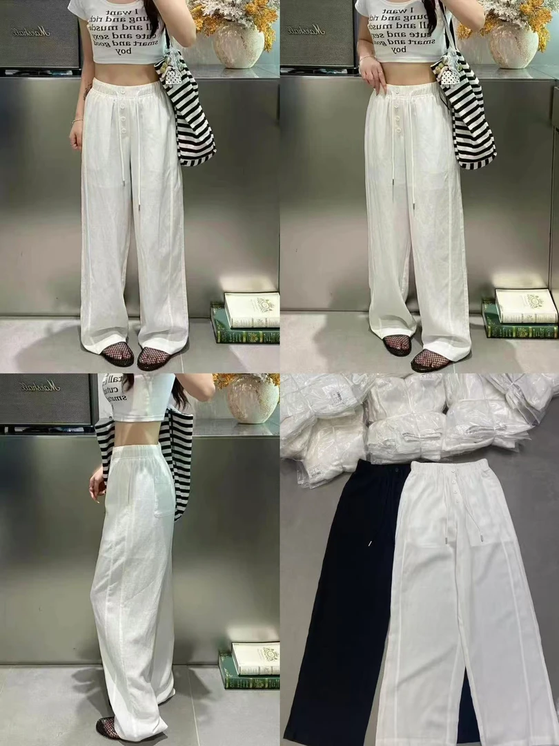 静静推荐 新款天丝亚麻抽绳松紧腰直筒裤22c009