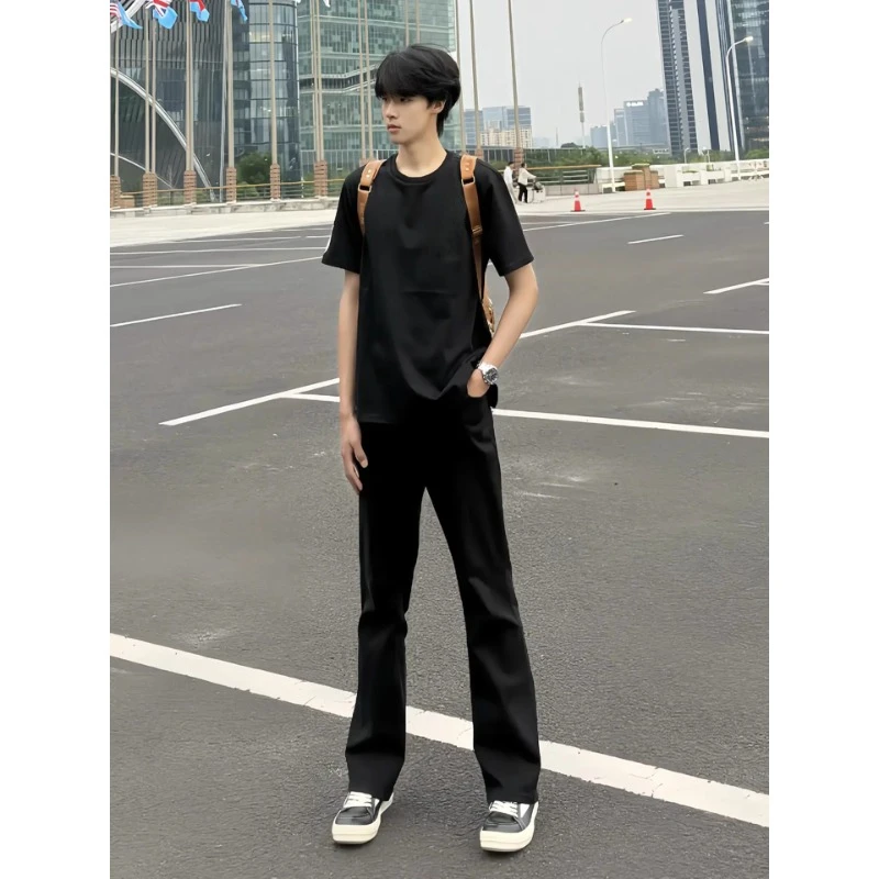 黑色微喇西裤男款夏季薄款高级感裤子cleanfit美式高街直筒休闲裤