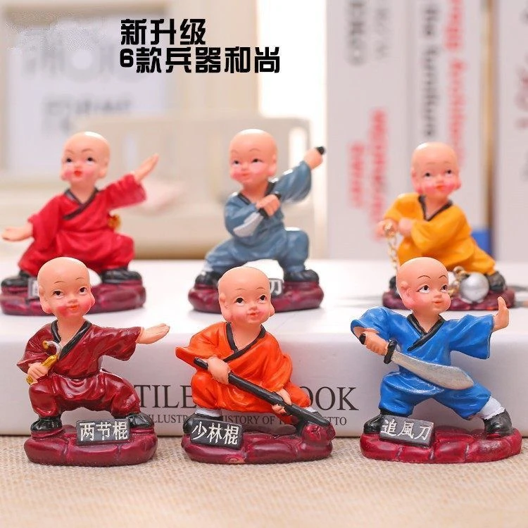 少林功夫小子六件套兵器和尚创意卡通树脂娃娃家居工艺品摆件批