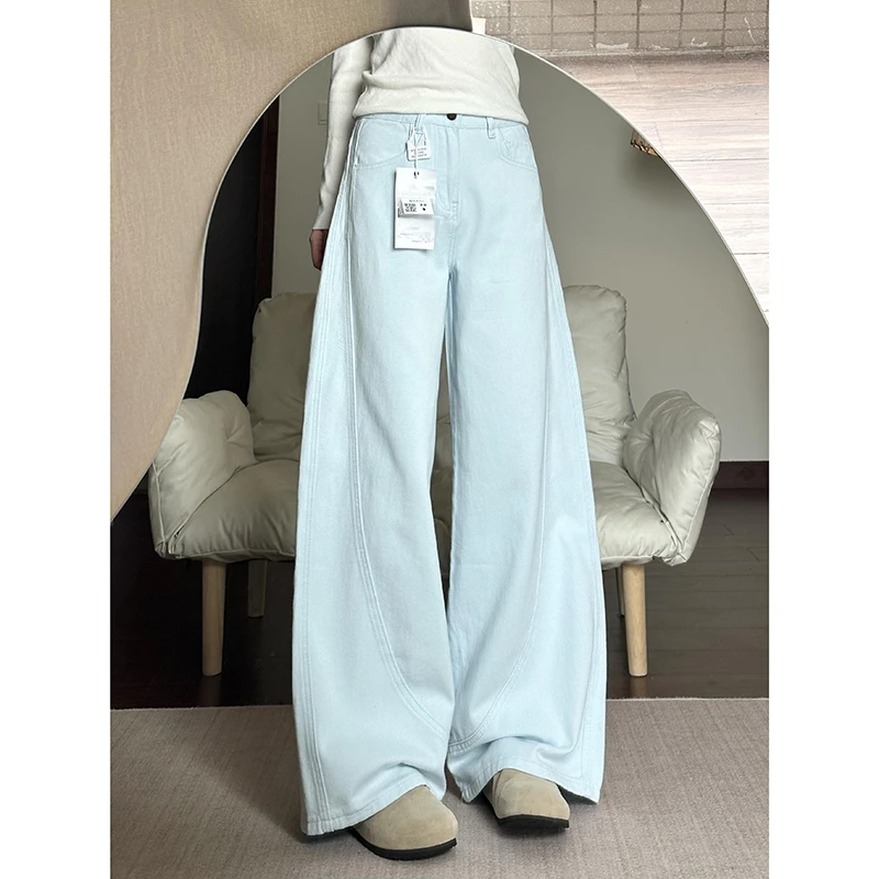 大码设计感天空蓝水洗百搭牛仔裤女夏季新款休闲高腰宽松直筒裤子