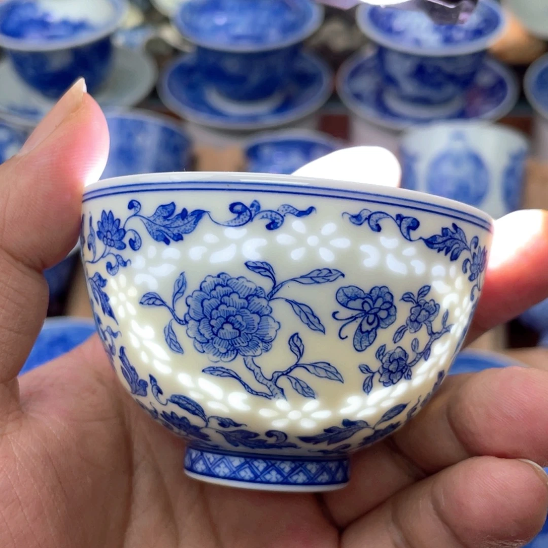 陶月楼 青花玲珑 鸡心杯