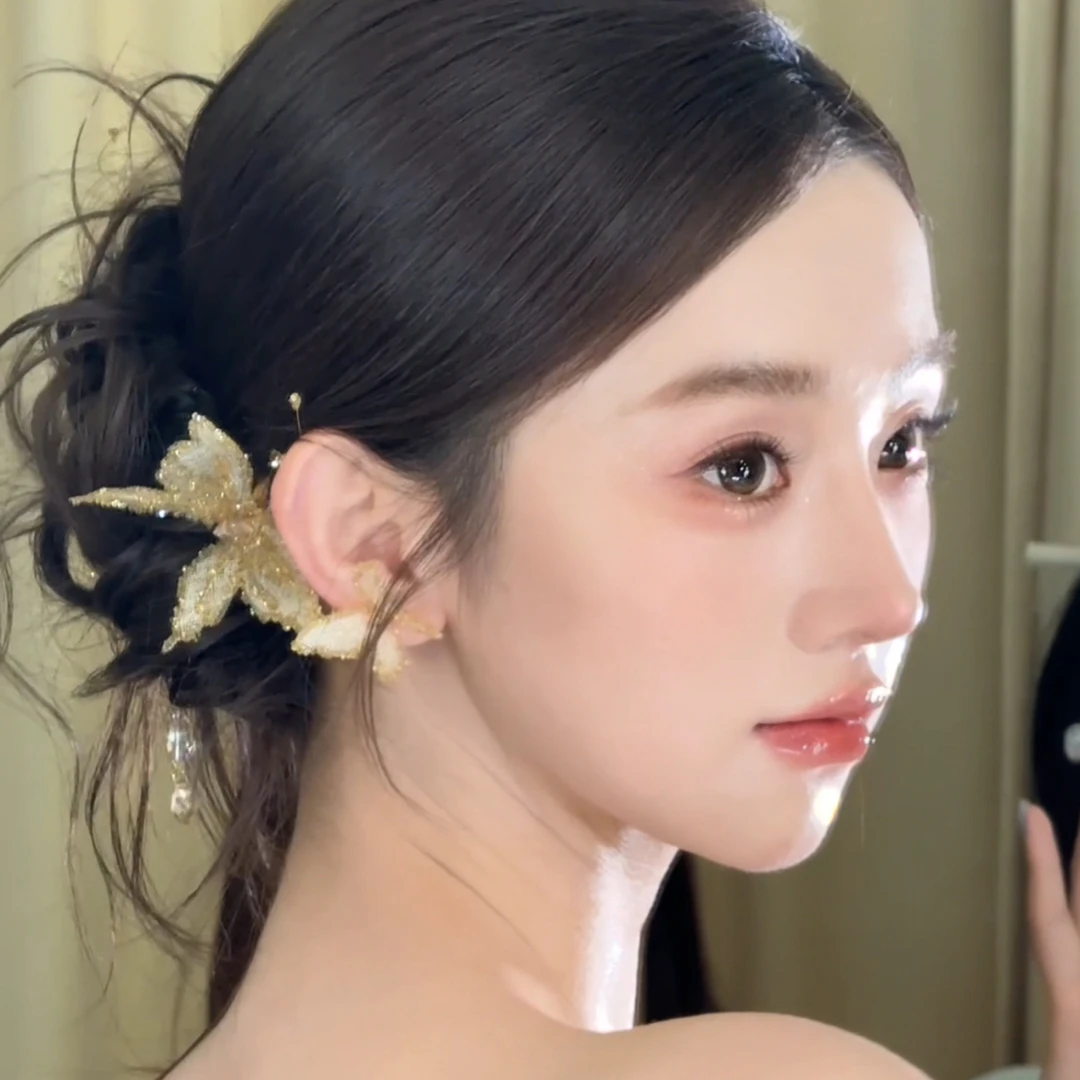 非金属羽毛耳饰 WHITE手作金色蝴蝶边夹 8件套