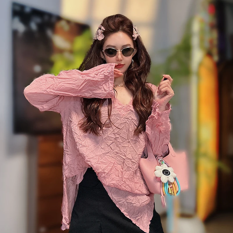 春季新款时尚洋气长袖衬衫女士宽松百搭褶皱中长款衬衣上衣打底衫