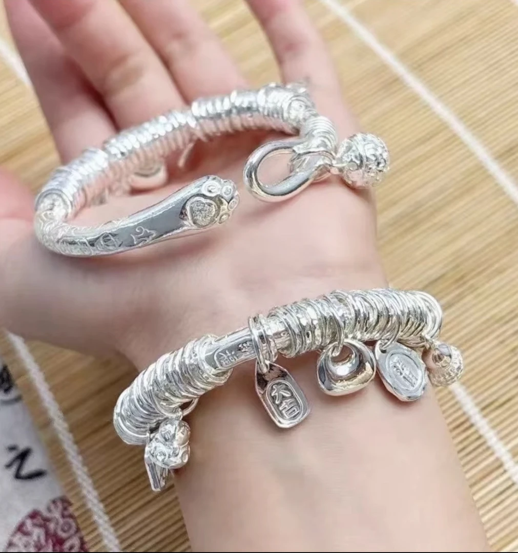 足银手镯 A30足银9999吉言盘缠银手镯女宫铃开口猫爪镯子送女友
