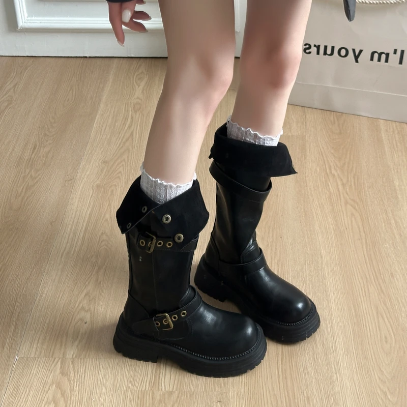 时装靴瘦筒版靴子时尚长筒马丁靴女靴百搭秋季中筒英伦风春秋