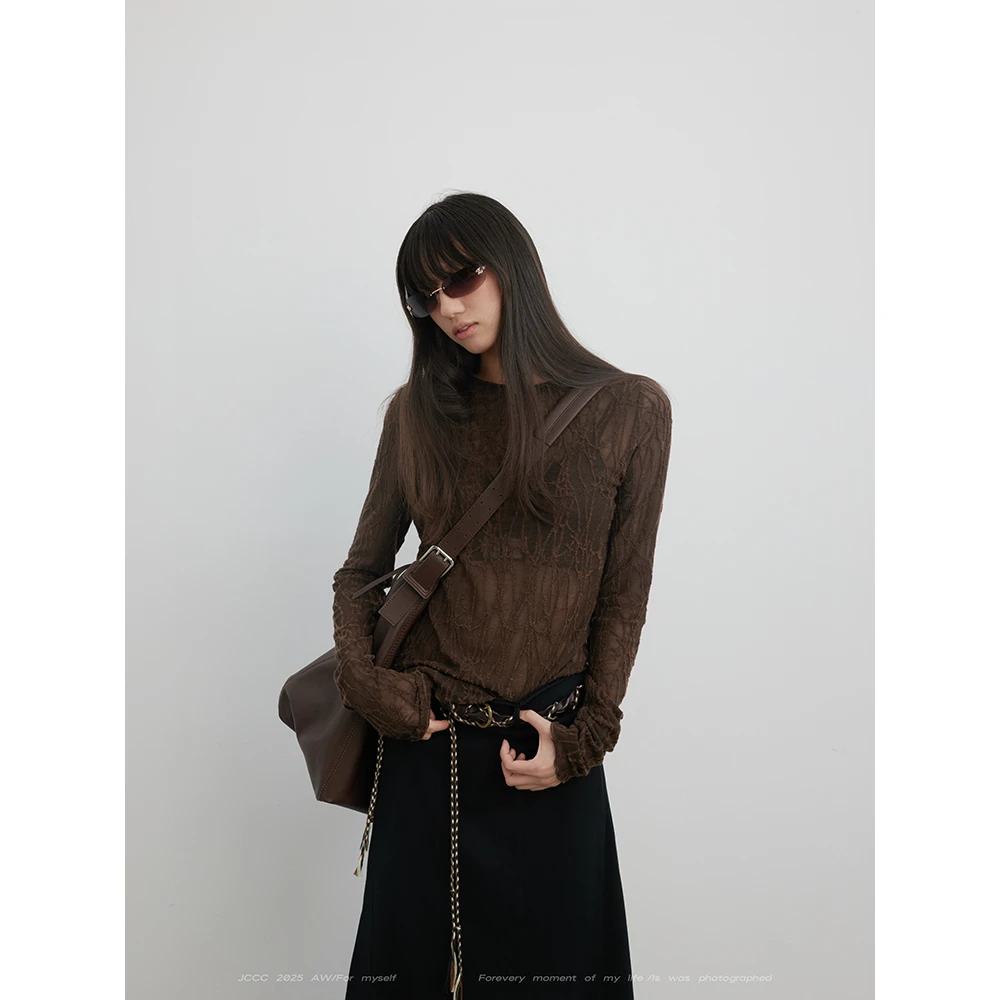 JCCC影子【叠穿秘集】咖色肌理感微透百搭叠穿圆领打底衫JE4FOS14