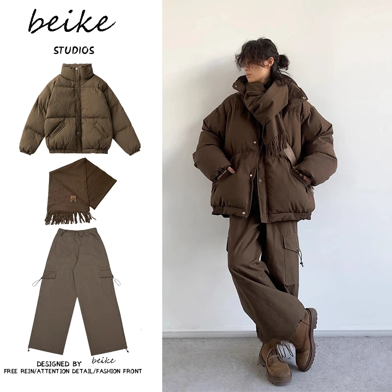 两件装/冬季情侣日系美拉德格纹立领棉衣男女加厚保暖男生外套