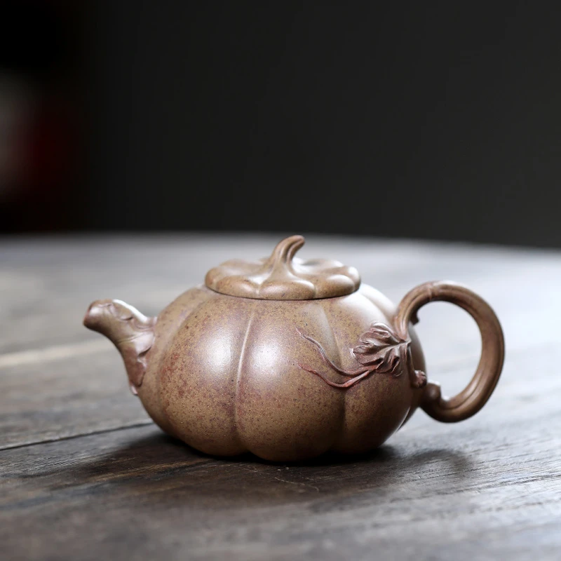 大吉羊柴烧 宜兴紫砂壶茶壶 原矿本山绿泥筋纹金瓜220ml徐顺伟