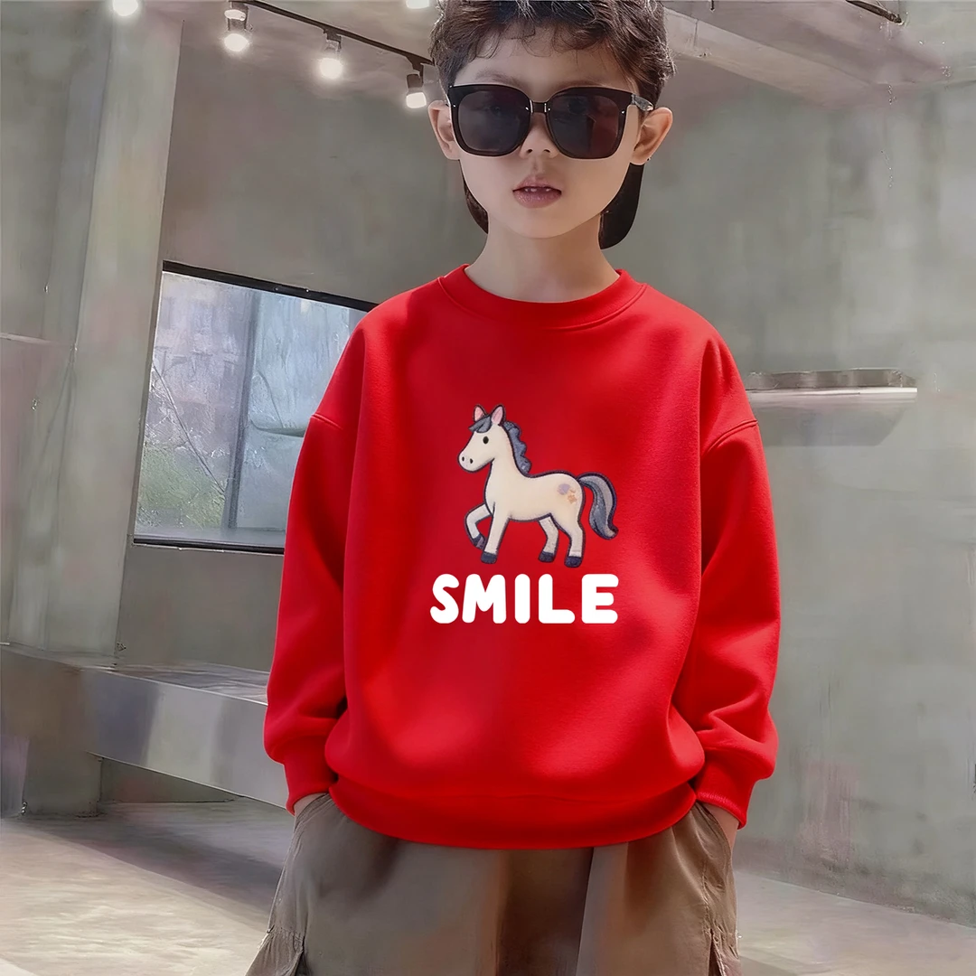 男童加绒卫衣新款儿童新年马年打底衫中大童红色宽松上衣秋冬加厚