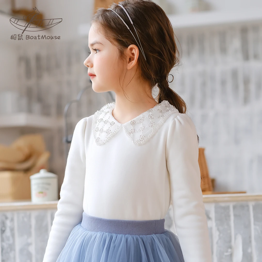 船鼠女童加绒打底衫秋冬季娃娃领珠子 儿童长袖t恤白色小女孩上衣