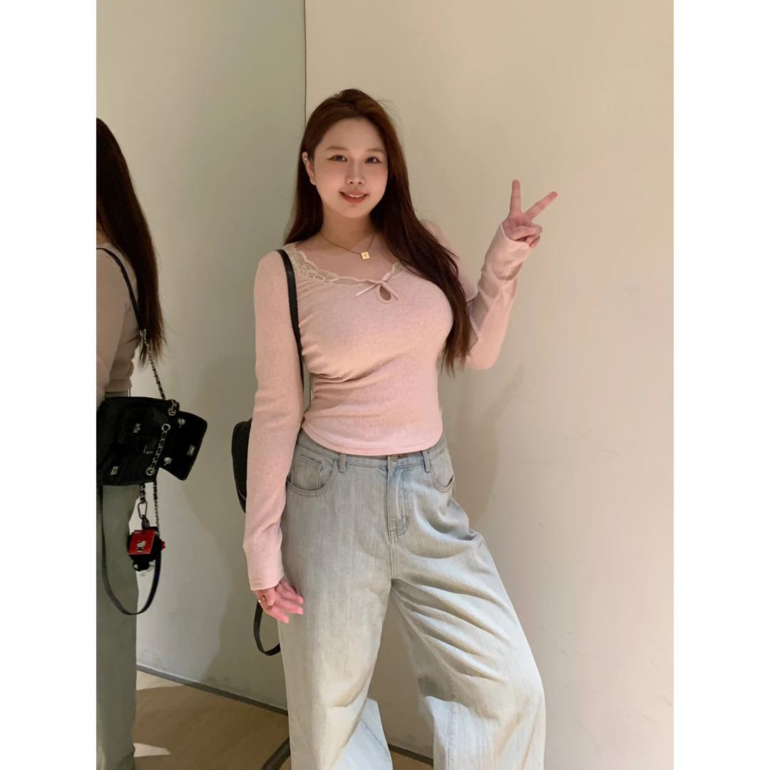 王少女YOKLASS 【清清】粉色V领镂空蕾丝针织衫气质上衣 Z29801S51