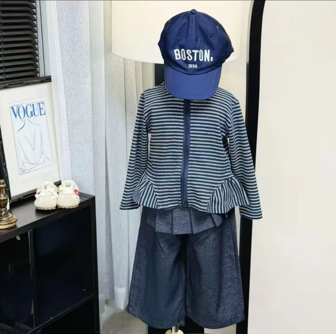 拉链少女风条纹女常规秋季套装秋款连帽百搭上衣针织女童