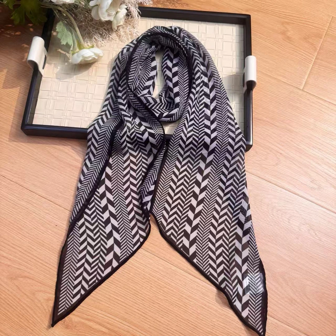 【黑白几何】乔其160*20飘带手工边斜条纹几何格纹休闲风丝巾