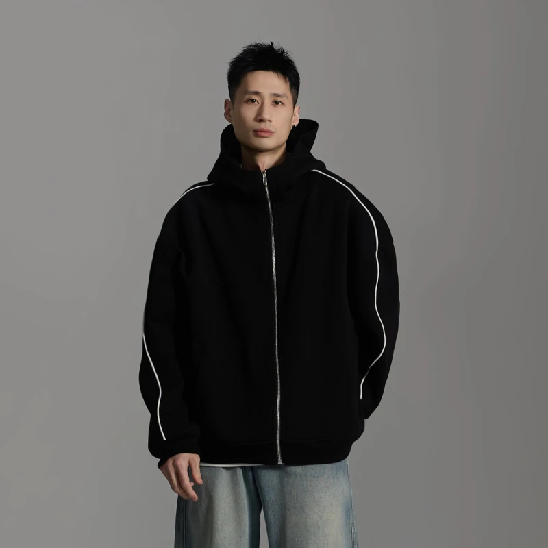 春秋新款潮流连帽简约外套休闲宽松时尚百搭设计男女同款外套8963