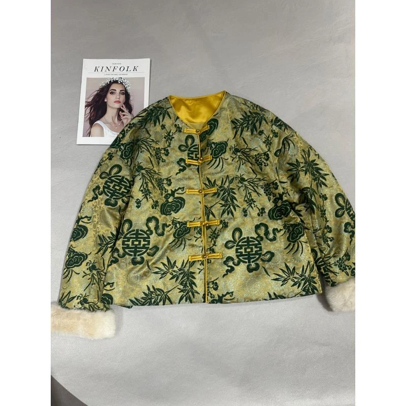 【深圳南油二姐】秋季新款中国风刺绣气质圆领外套百搭绿色25A139